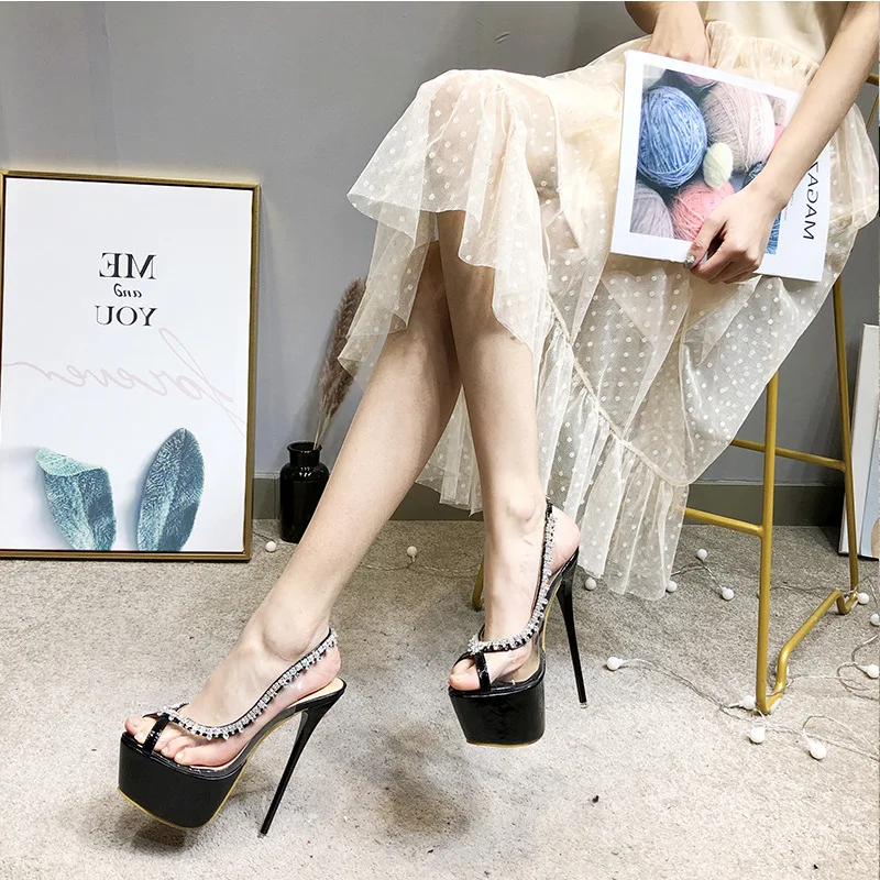 

2019 New Fashion Fish Mouth Stitching European And American Rhinestones Fine High Heel Elegant Sexy Ladies Sandals