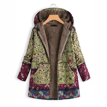 

2018 Women Parka Loose Pocket Zipper Floral Print Hooded Casual Jacket Coat Oversize Pockets Female Outerwear