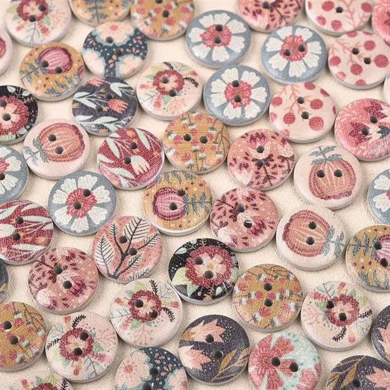 

100pcs Cat Flowers Heart Wood Buttons 15mm Round Shape Sewing Buttons For Clothing Wooden Buttons For Scrapbooking DIY Decor
