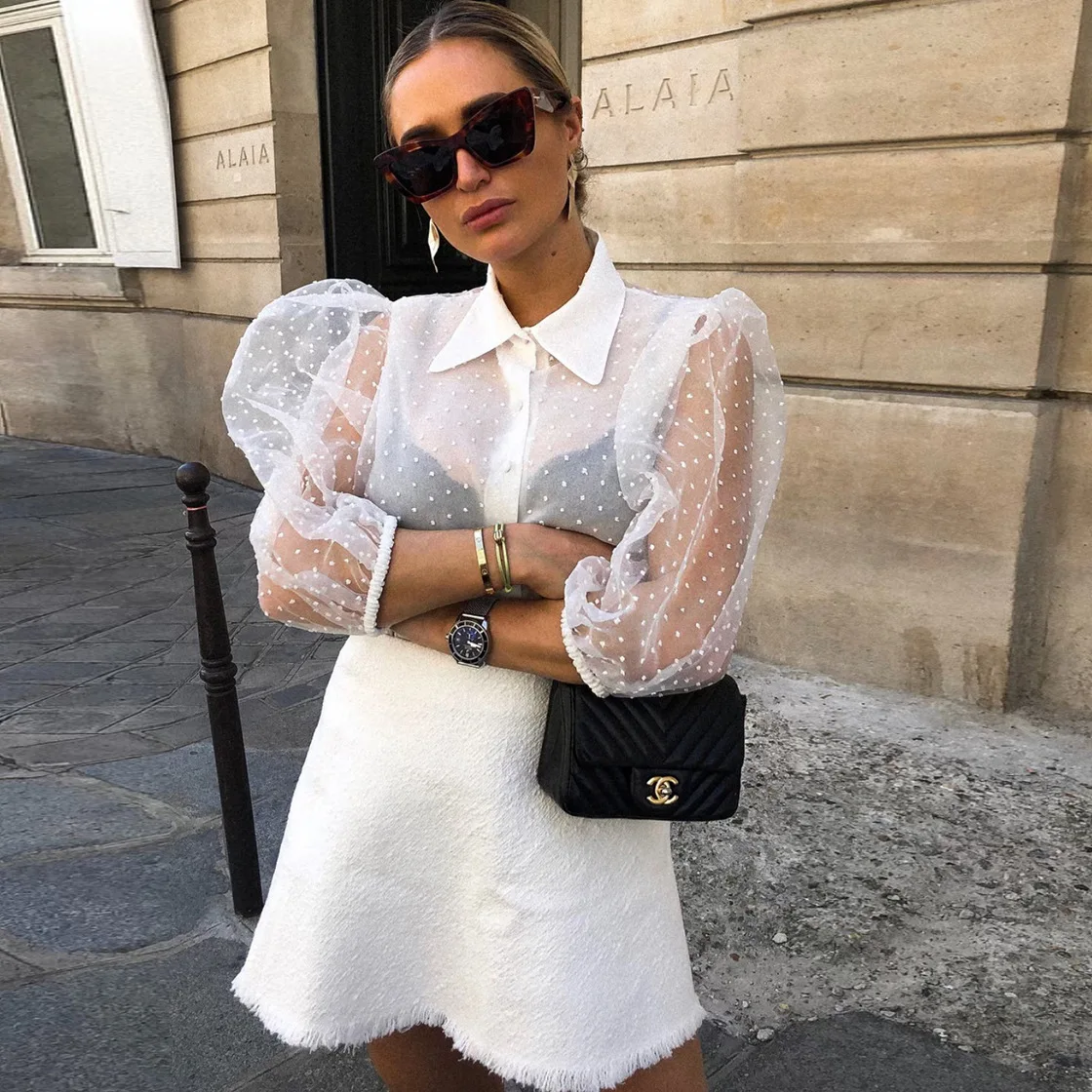 

DEAT 2019 Summer Streetwear Mesh Transparent See-through Stand Collar Long Sleeve Lace Embroidery Top Women Blouse Shirt ME628
