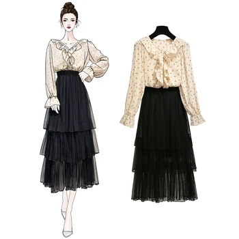 

French fashion women printing blouse top horn sleeve shirt fairy gauze pleated skirt long skirts cake 2 pcs clothing set
