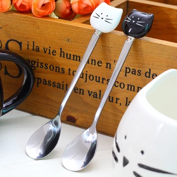 

Stainless Steel Coffee Spoon Cartoon Spoons Cat ceramic Spoons Unique Ice Cream Flatware Kitchen Tool black white 200pcs