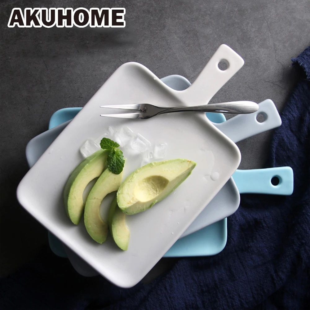 

Ceramic Solid Handle Tray Home Rectangular Breakfast Plate Creative Dessert Plate Dish