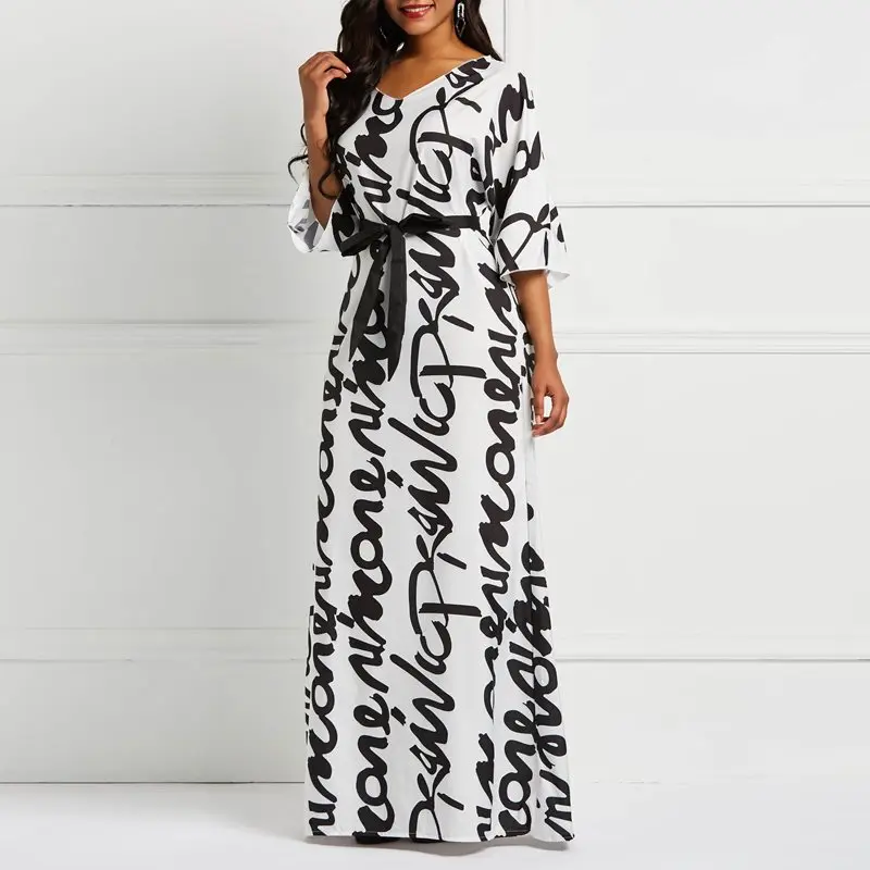 

Plus Size Loose Extra Long Dress African Women High Street Casual Robe Letter Print High Waist Female Elegant White Maxi Dresses