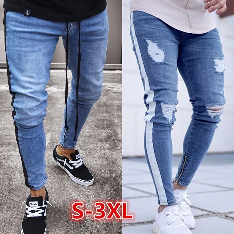 

2018 New Men Fashion Biker Jeans Denim Ripped Zipper Knee Holes Slim Skinny Hip Hop Side Stripe Jeans Men Plus Size G3P2