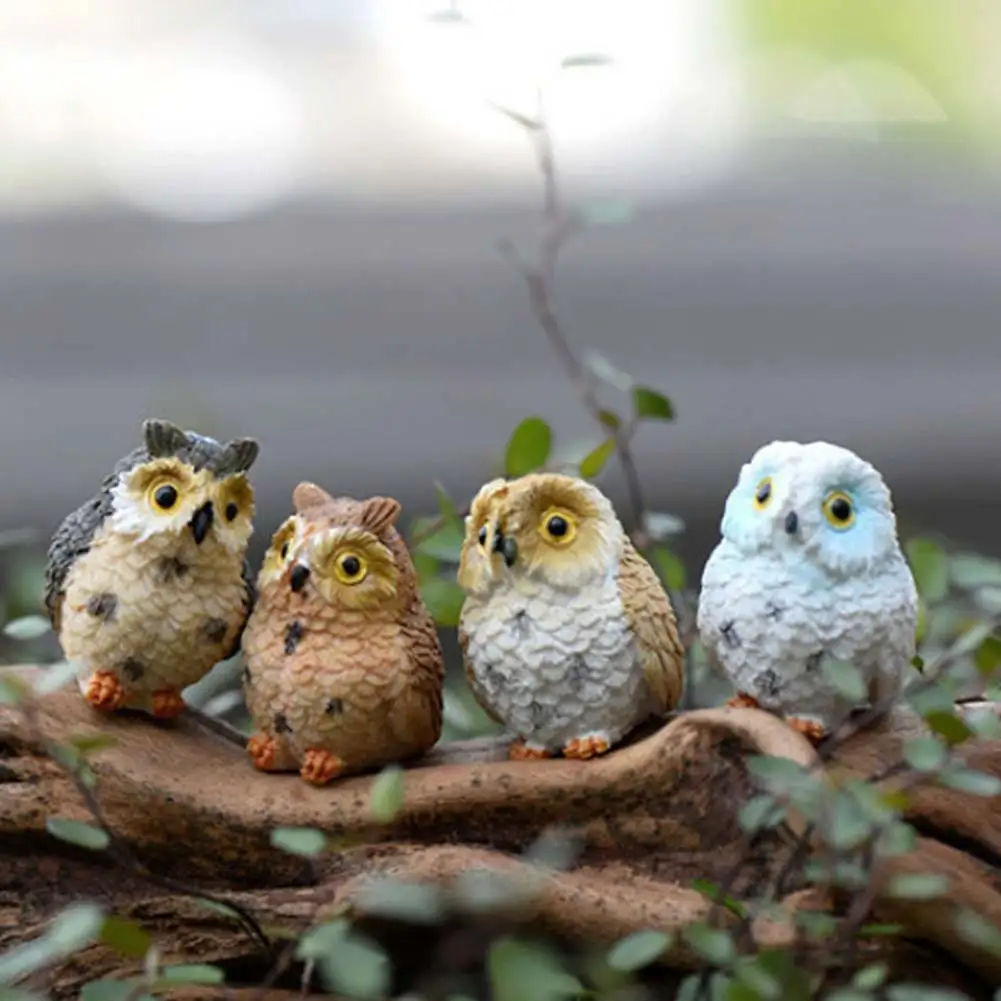 

4X Small Resin Owl Figurine Statue Model Gift Ornament Home Garden Decor Hot