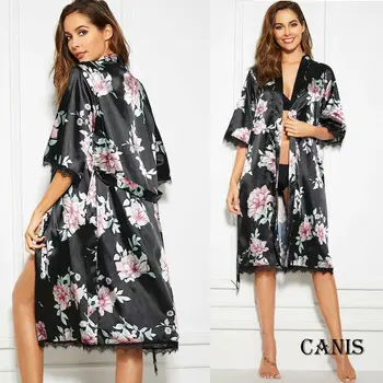 

New Women V-neck Satin Silk Lace Long Robes Pajama Nightgown Sleepwear Summer Casual Print Robes