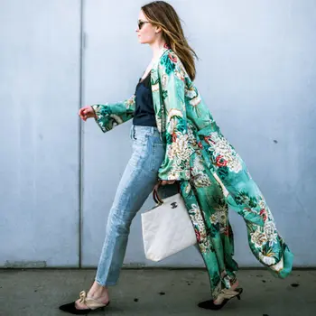 

Ladies Boho Green Pocket Loose Long Coat Tops Women Autumn Floral Long Sleeve Cardigan Coats