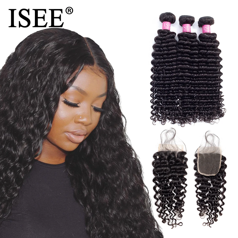 Online Mechones de onda profunda con cierre cabello ISEE con cierre mechones de cabello humano con mechones de tejido Frontal brasileño con cierre