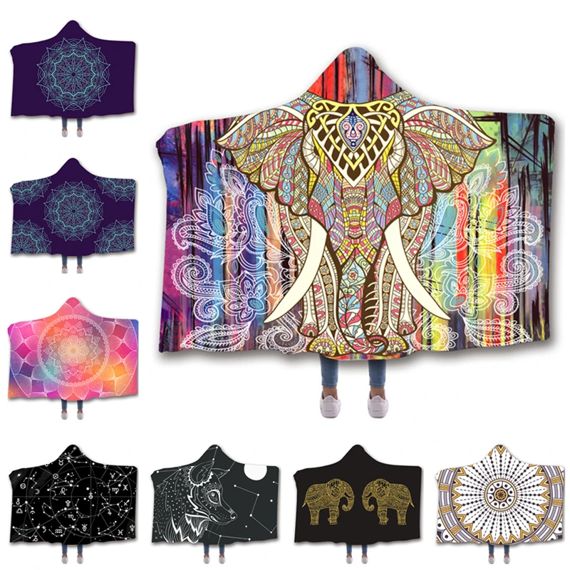 

3d Printed Pattern Hooded Blanket Cloak Magic Thicken Lint Warm Wearable Fleece Throw Blankets For Adults Kids
