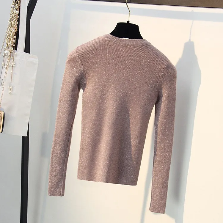 2019 Women O-Neck Knitted Tops 2019 New Spring Solid Shiny Long Sleeve Pullover  Sweater Femme Slim Jumper