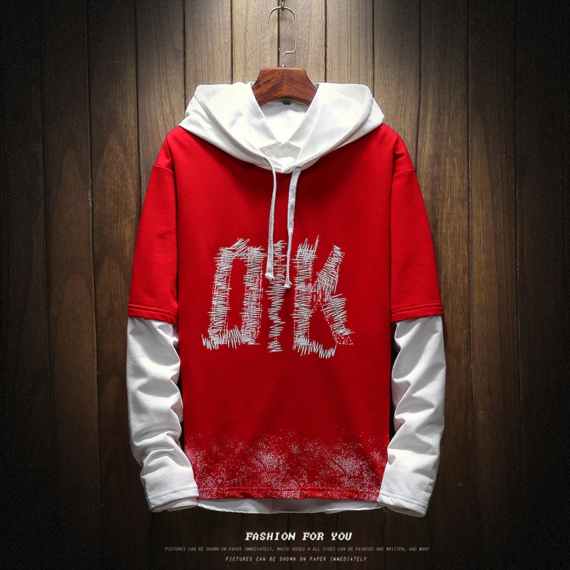 

Spring New hoodie men Korean Style Men's Fashion Casual Hooded Pullover Sweatshirt Solid Color Fake Two Pieces Hoodies Male