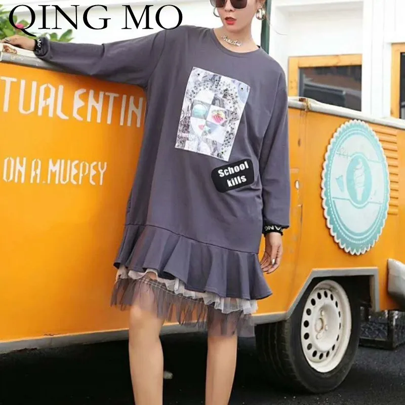 

QING MO Grey Long Sleeve Dress Women Patchwork Mesh Dress Pattern Print Ruffle Dress School Pullover Tops ZLDM003