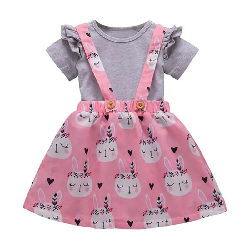 

2pcs/set Kids Short Sleeve T-Shirt with Rabbit Print Skirt Summer Girls Clothes Set Children Cotton Tops Skirt Toddler Outfit