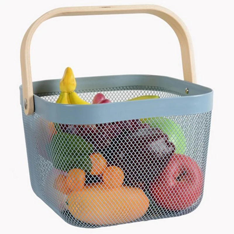 SNNY-конфетные цвета с деревянной ручкой корзина для овощей, металлическая сетка, сумка для хранения, корзина, Органайзер