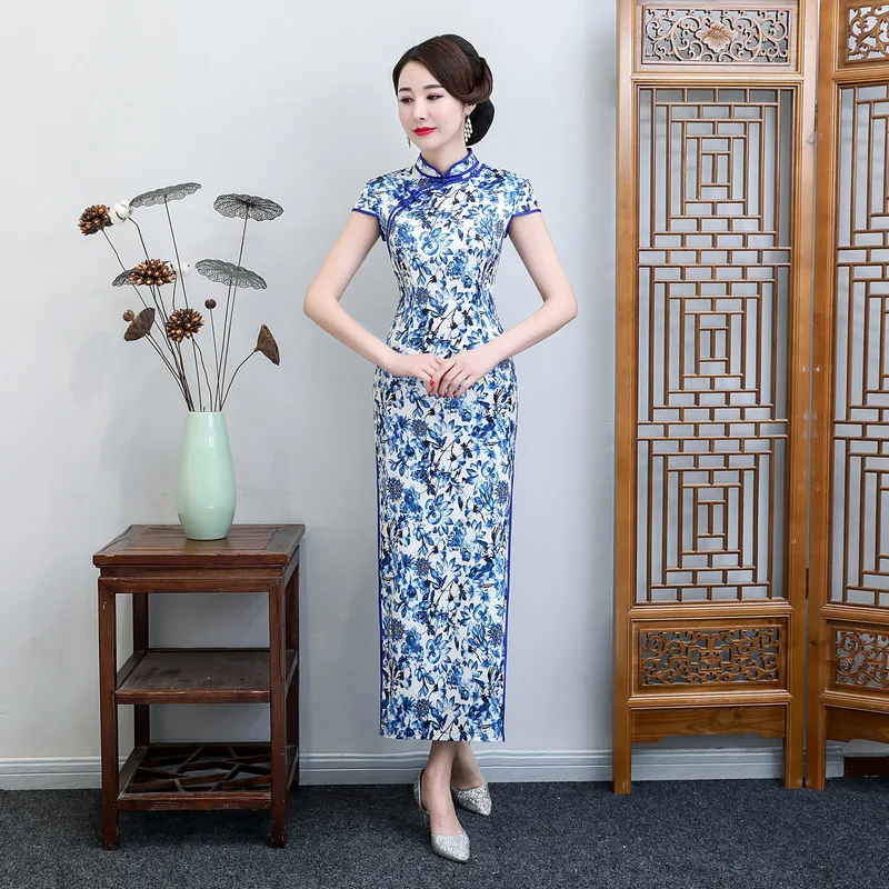 

2019 Fashion Classical Jacquard Cheongsam Long Dresses Orientale Vintage Gown Qi Pao Women Chinese Traditional Dress China Robe