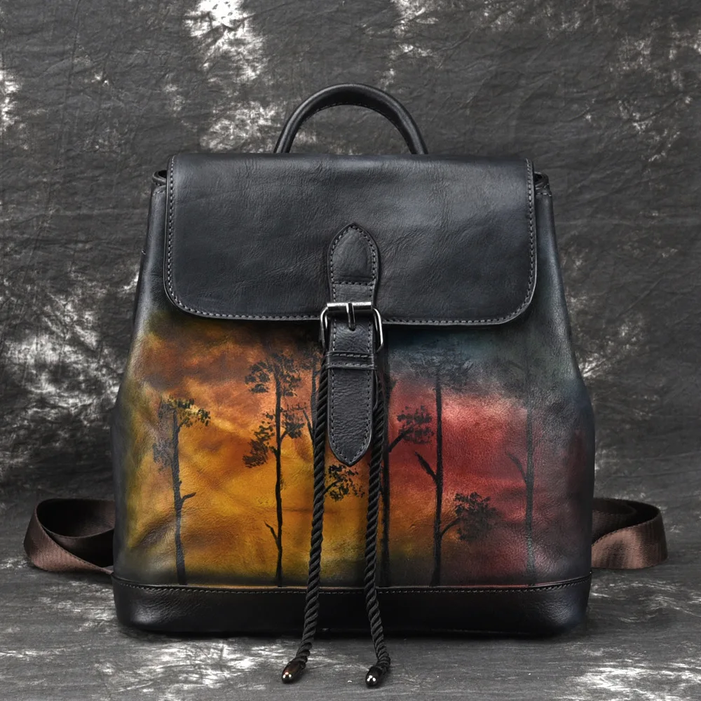 

Vintage Handmade Genuine Leather Backpacks with tree Brand Designer Original Top Handle Bag Soft Cowhide Casual Travel Backpack