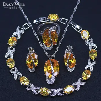 

Big Oval Silver Color Jewelry Sets Sparkling Yellow Pendant Necklace Earring Bracelet Ring Fashion crystal Jewelry