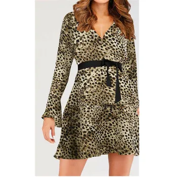 

Sexy Women's Leopard Spotted Mini Dress Ladies' New Sexy Snakeskin Printed Long Sleeves V-neck Evening Party Dresses Hot Selling