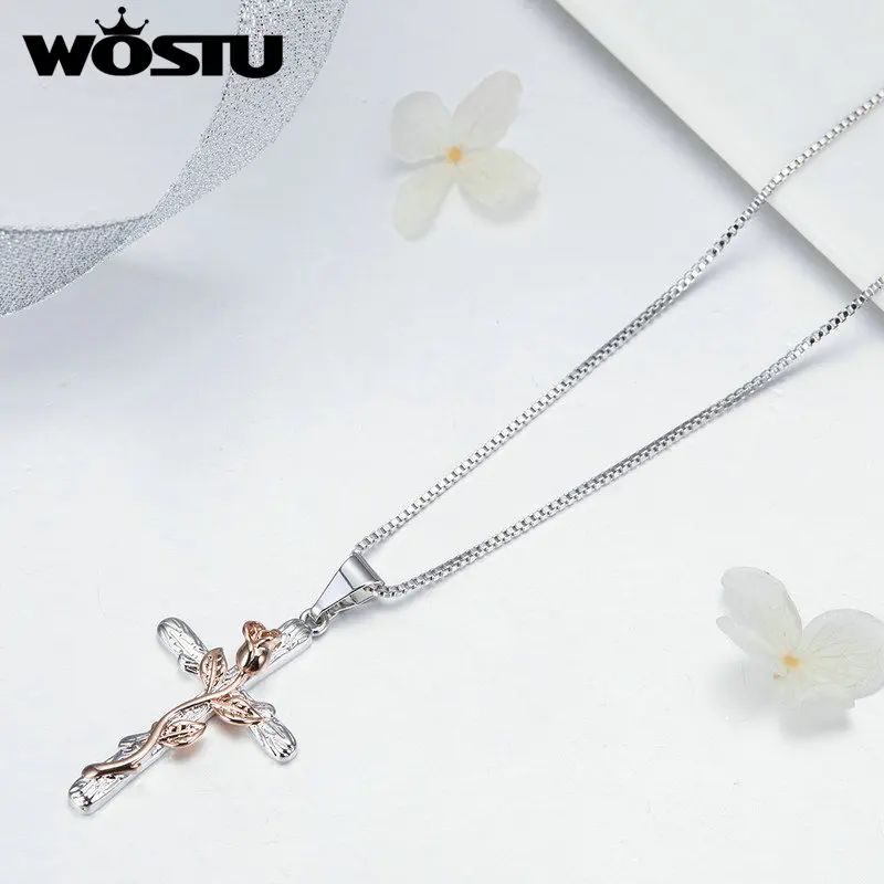 WOSTU роскошное ожерелье-цепочка с натуральным цветком и крестом, ожерелье из белого и розового золота для женщин, модное ювелирное изделие, подарок SDTN081