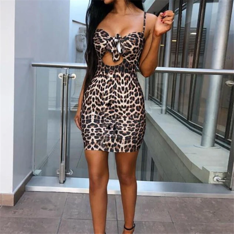

Women Leopard Print Dress Sexy Women Sleeveless Bodycon Pencil Evening Party Dress Ladies Dresses Spaghetti Strap Bow Dresses