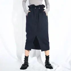 [EAM] 2019 новая весна лето Высокая талия Синий Полосатый оборки Drawstring Hem Vent Half-body Юбка женская Мода Tide JO636