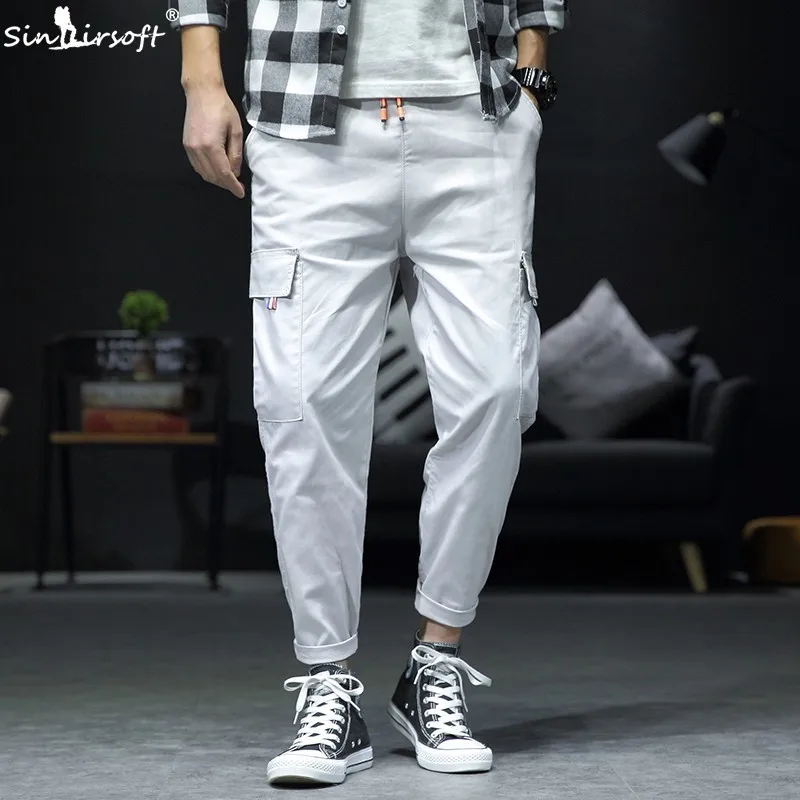 

Drawstring Elastic High Waist Solid Cargo Pants Men Casual Ankle-Length Streetwear Trousers Male Side Big Pockets Summer Fashion