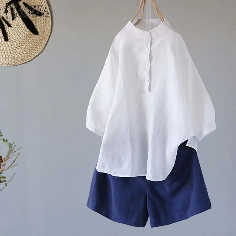 

Summer Shirts 2019 ZANZEA Women's Lantern Half Sleeve Linen Blouse Stand Collar Tunic Tops Female Button Down Chemise Plus Size7
