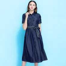 2019 summer women's fashion denim dress European lapel waist denim dress hipsters bow waist sashes drenim dress summer NW19B6103 2019 summer women's fashion denim dress European lapel waist denim dress hipsters bow waist sashes drenim dress summer NW19B6103