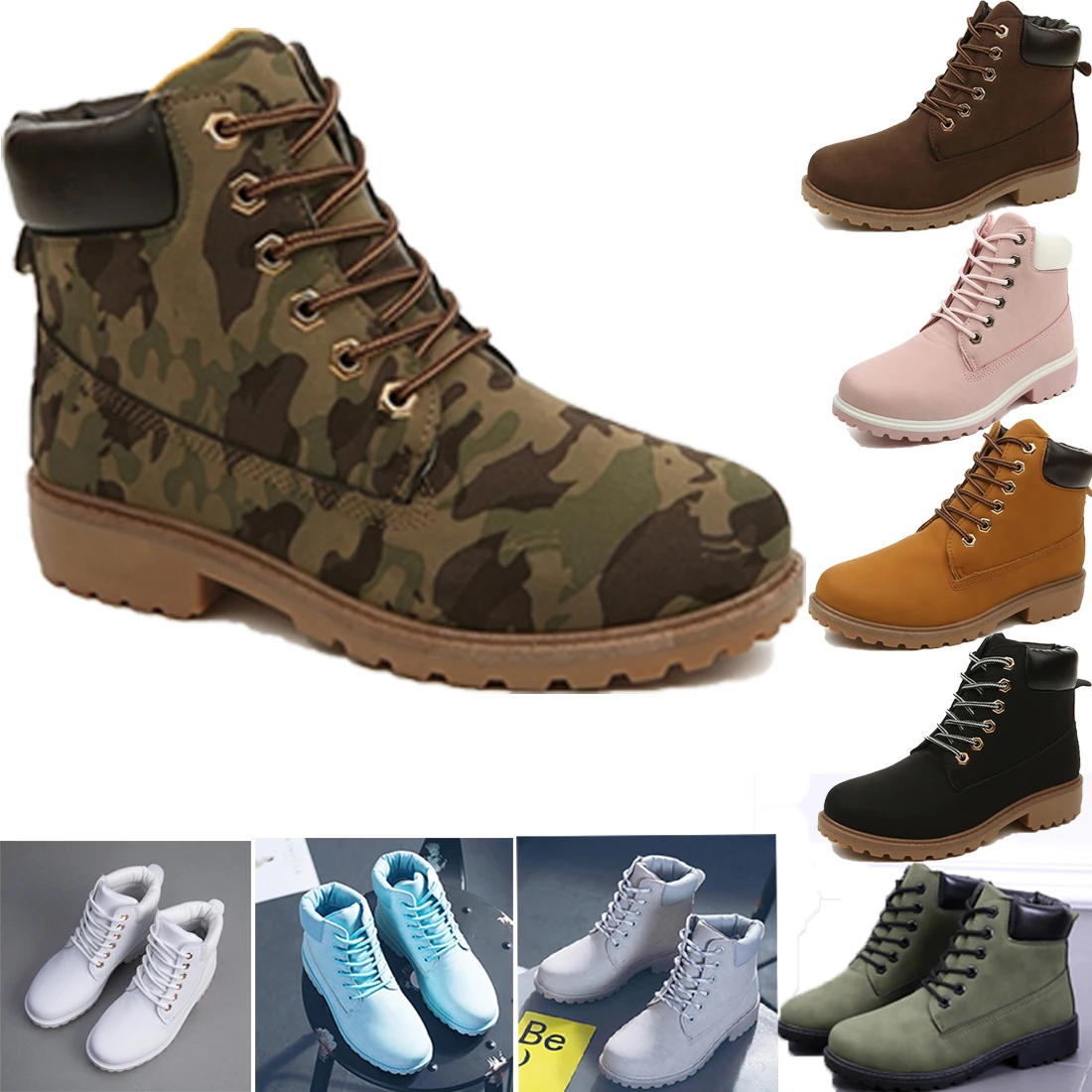 

Womens Mens Casual PU Leather Martin Boots Unisex Lace Up Combat High Top Work shoes Flat Heel Ankle Boots Women man plus size