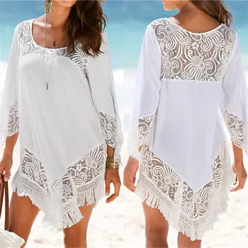 

YCDKK White Lace Cover Ups Swimwear 2019 Summer Sexy Bikini Pareo Beach Cover Ups Beachwear Women Dress Bathing Suit Cover up
