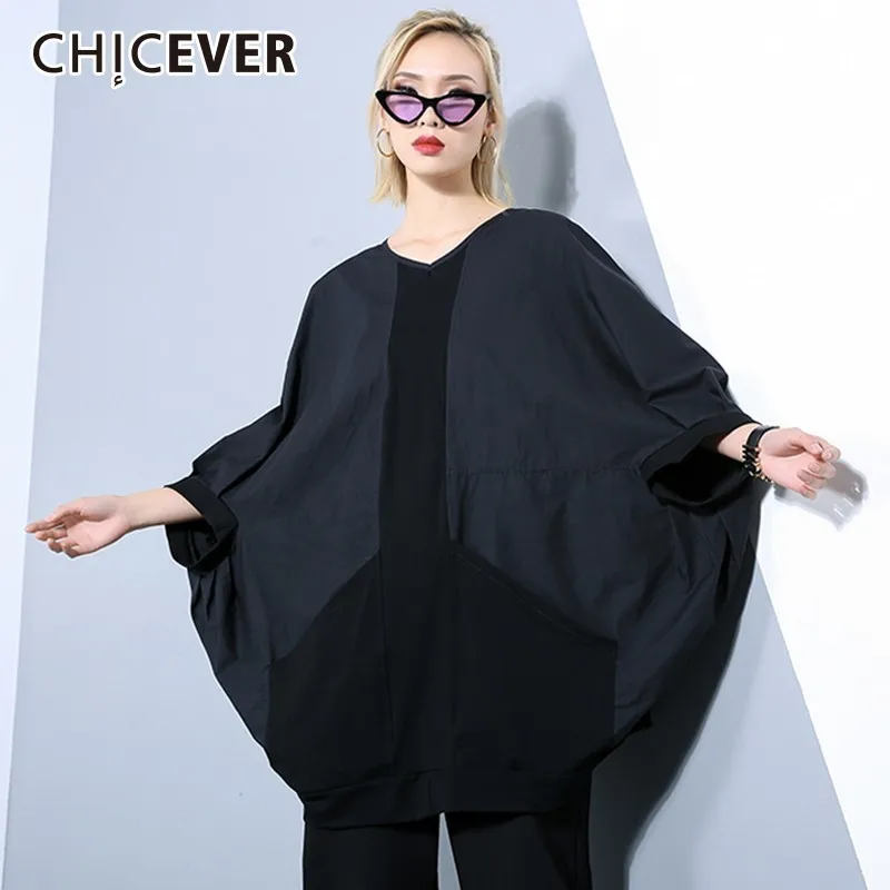 

CHICEVER 2019 Spring T-shirts V Neck Batwing Sleeve Loose Oversize Black Tops Female T-shirts Fashion Casual Clothes New