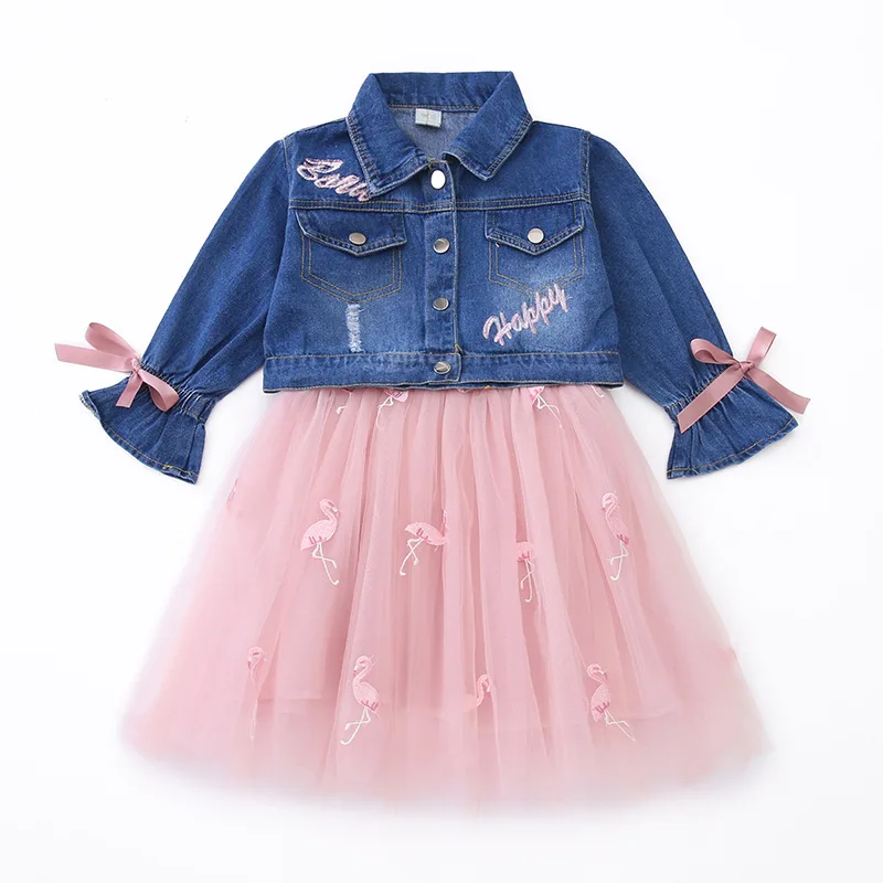 

2019 Girls Clothes Set Spring Children's Clothing Suit Embroidery Pink Flamingo Tulle Dress Denim Jacket Girl Coat Size 6 12 13