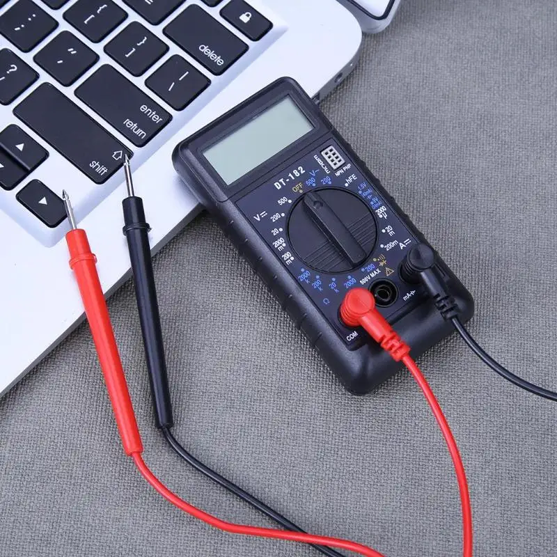 

DT182 Mini Digital Multimeter with Buzzer Overload Protection Pocket Voltage Ampere Ohm Meter Test Probe DC AC LCD Display