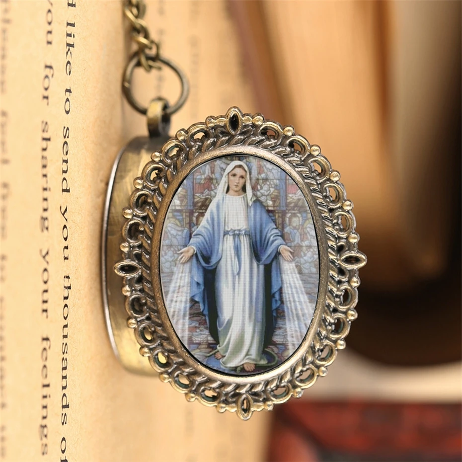 

Vintage Catholic Blessed Virgin Mary Quartz Pocket Watch Retro Bronze Souvenir Pendant Necklace Clock Gifts for Men Women reloj