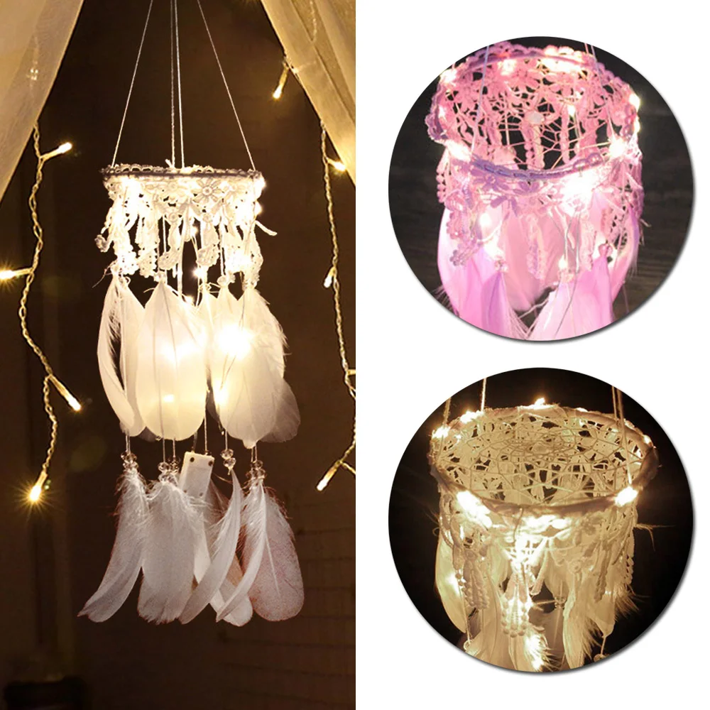 

Led Dream Catcher Feather Crafts Wind Chimes Dreamcatcher Net for Wall Hanging Car DIY Home Garden Wedding Party Decor Supplies