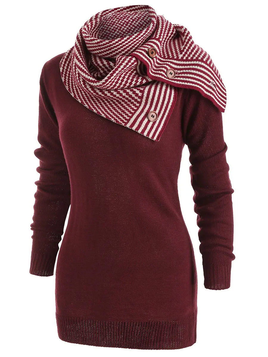 Wipalo Plus Size Pullover Sweater Women Buttons Crew Neck Long Sleeve Sweater With Striped Scarf Winter knitting Ladies Tops Wipalo Plus Size Pullover Sweater Women Buttons Crew Neck Long Sleeve Sweater With Striped Scarf Winter knitting Ladies Tops