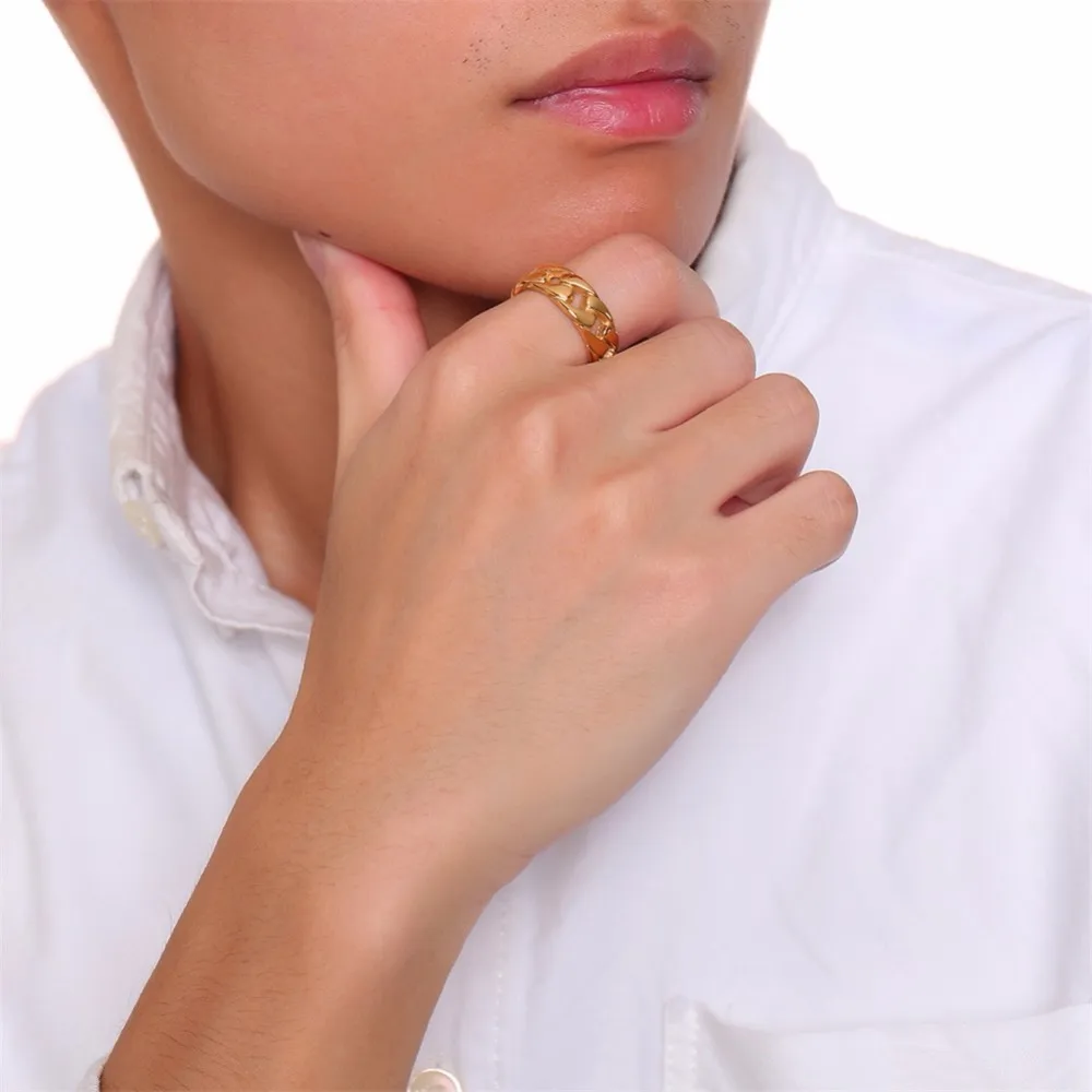 Vnox Punk Link Chain Shape Ring For Men Black/Gold/Silver Color