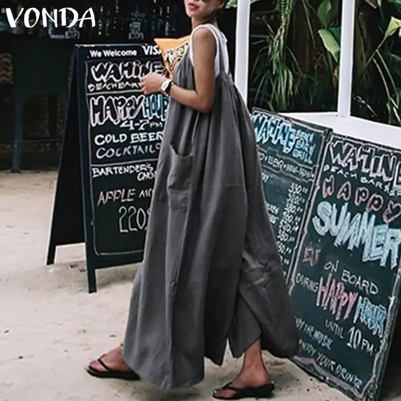 VONDA Rompers Women Jumpsuits 2020 Summer Sexy Wide Leg Pants Casual Loose O Neck Pockets Sleeveless Plus Size Playsuit Overall VONDA Rompers Women Jumpsuits 2020 Summer Sexy Wide Leg Pants Casual Loose O Neck Pockets Sleeveless Plus Size Playsuit Overall