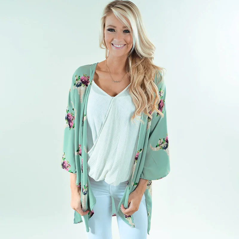 

New Women Chiffon Kimono Cardigan Floral Print Open Front Boho Loose Outerwear Summer Beach Bikini Cover Up Sunproof Cardigans