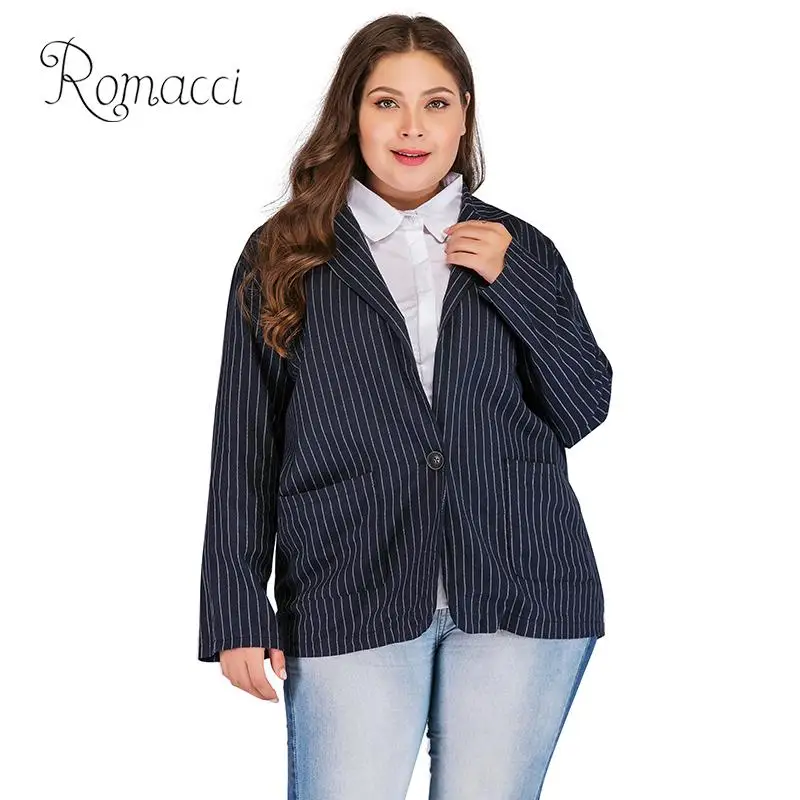

Romacci Stripe Blazer feminino Fashion Women Plus Size Suit Jacket Blazers Long Sleeve OL Ladies Casual Coat Outerwear Dark Blue