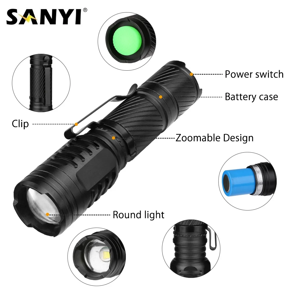 

Sanyi XPE LED Tactical Flashlight Handheld Pocket Clip Torch Zoomable Focus Flashlights 3 Modes Outdoor Backpack Light For 1xAA