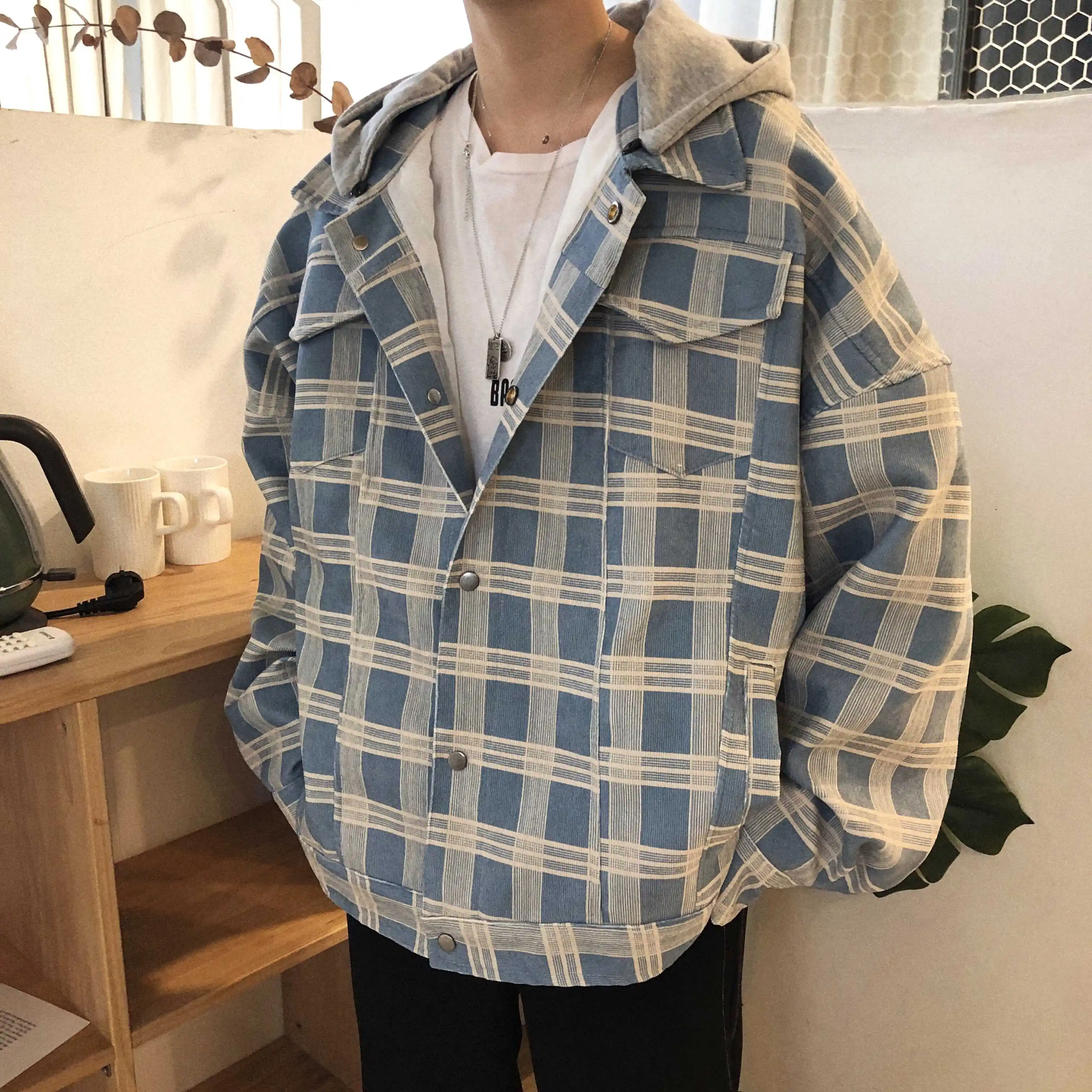 2019 Korean Style New Men's Work Clothes Streetwear Bomber Jacket Loose Lattice Printing Coat Khaki/blue Color Windbreaker M-XL