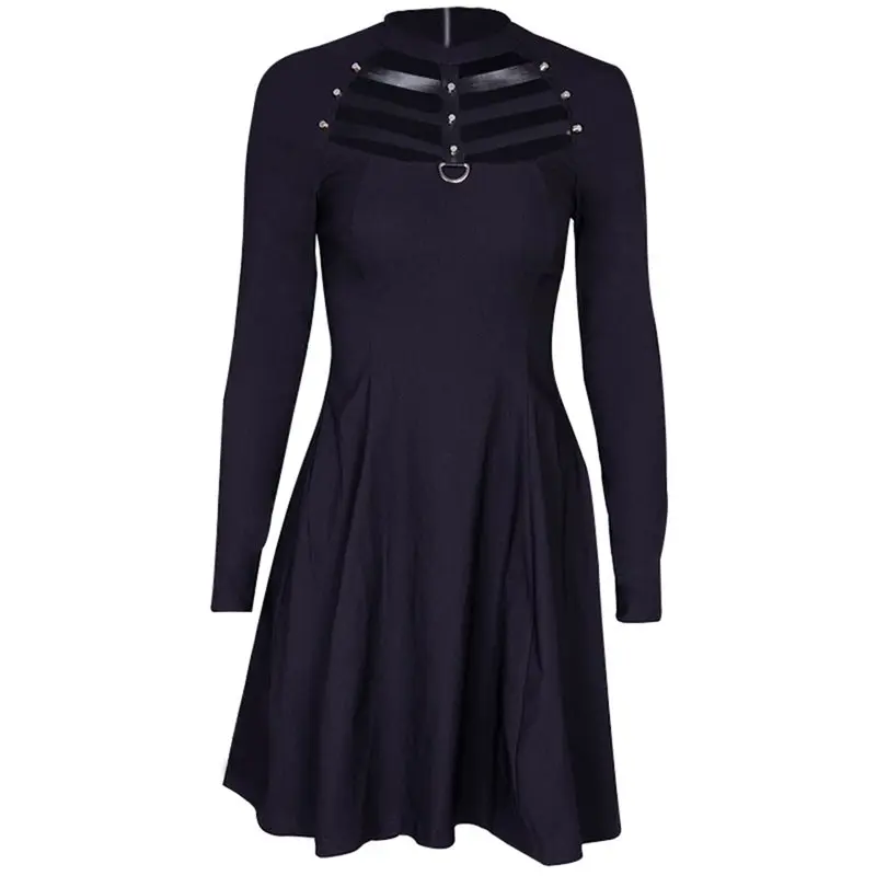 

Rosetic Women Mini Dresses Casual Black Hole Gothic Chic Spring Plain Hollow Aline Female Goth Elegant Punk Fashion Party Dress