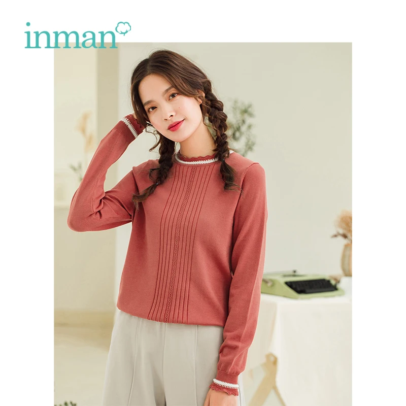 

INMAN 2019 Spring New Arrival O-neck Literary Retro Casual All Matched Slim Long Sleeves Warm Women Pullover