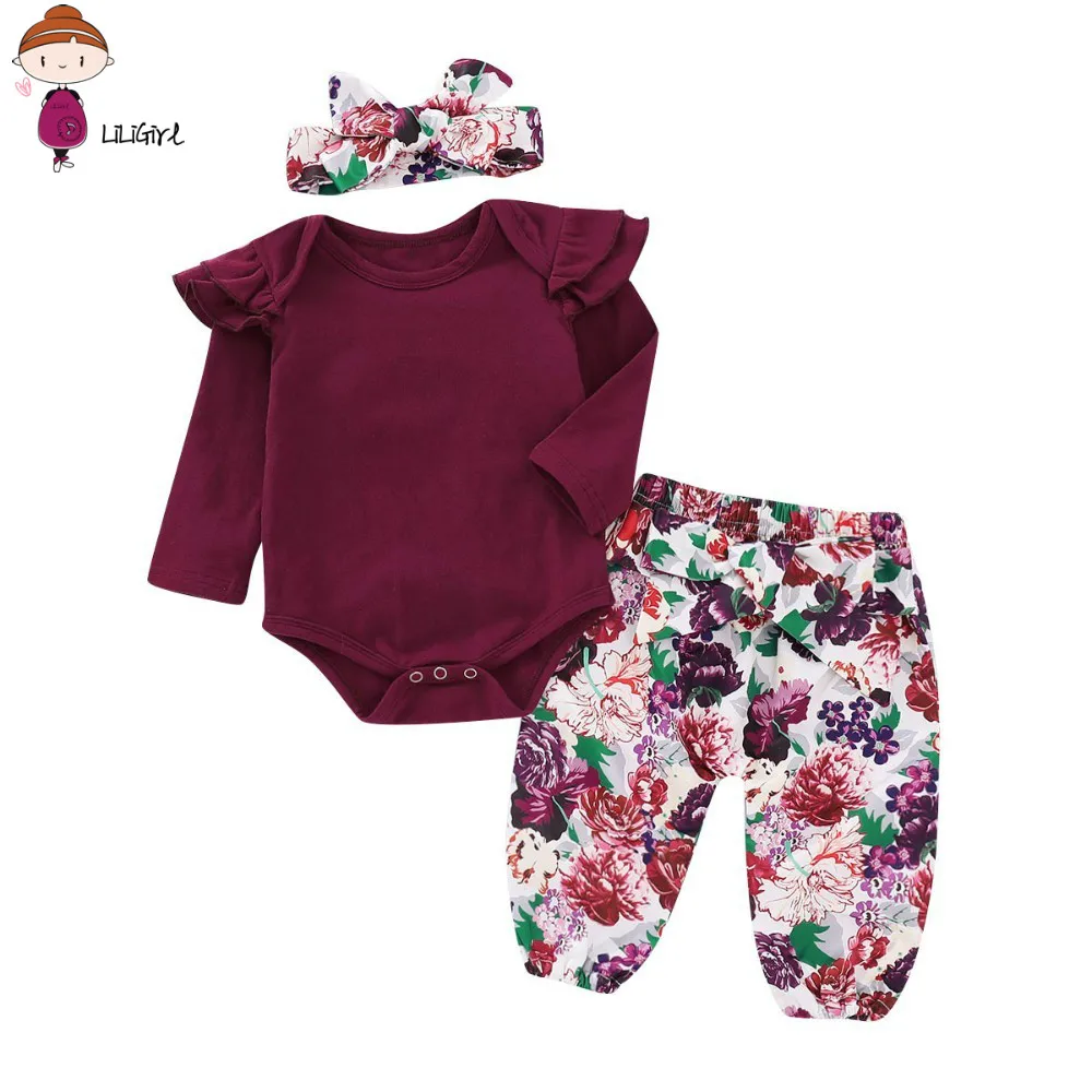 

LILIGIRL Princess Girl Clothes Set Fly Sleeve Romper +floral Pants +headband Clothes Spring Wear 0-18m