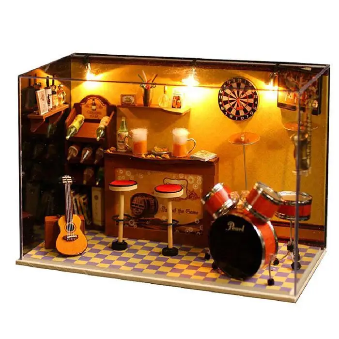 Excellent DIY Wooden Dollhouse Kit Miniature Room House Model Taproom Bar Pub+Glass Cover 8inch Ornament Craft Idea Gift