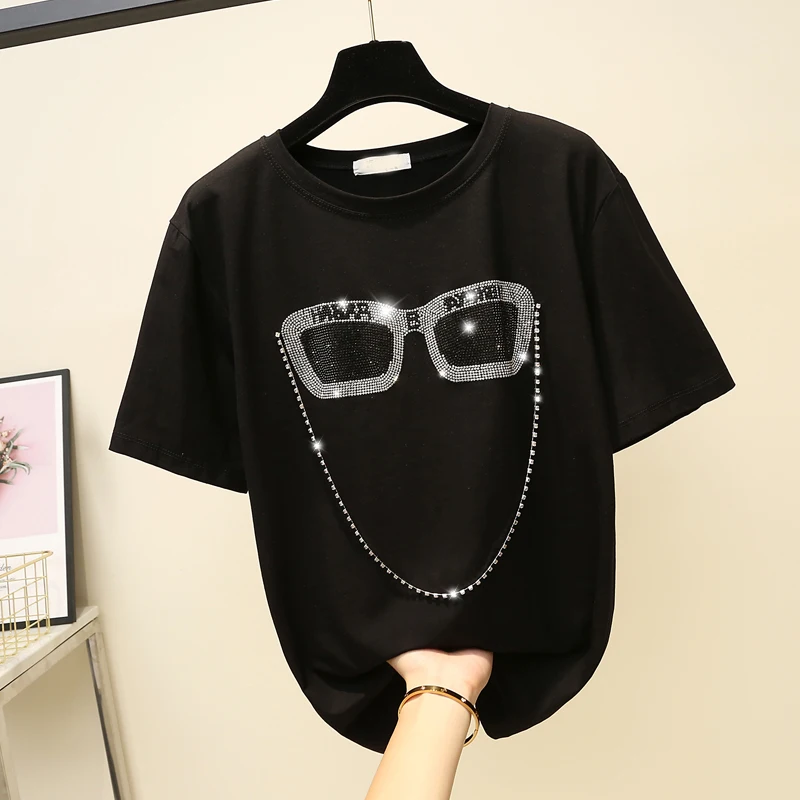 

2019 Women's Eye T-Shirt Round Neck Loose Thin Diamond Eyeglasses Base Jacket Joker Short Sleeve T-Shirt
