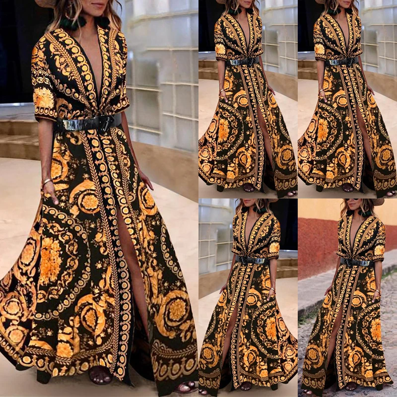 

Trendy Boho Womens Holiday Deep V-Neck Half Sleeve Floral Maxi Ladies Summer Beach Party Dress