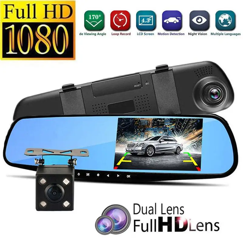 Car Rearview Mirror Camera Car Mirror Video With Dual Cameras Car DVR 4.3'' Full HD 1080P Dual Lens Rear View Camera Dashcam